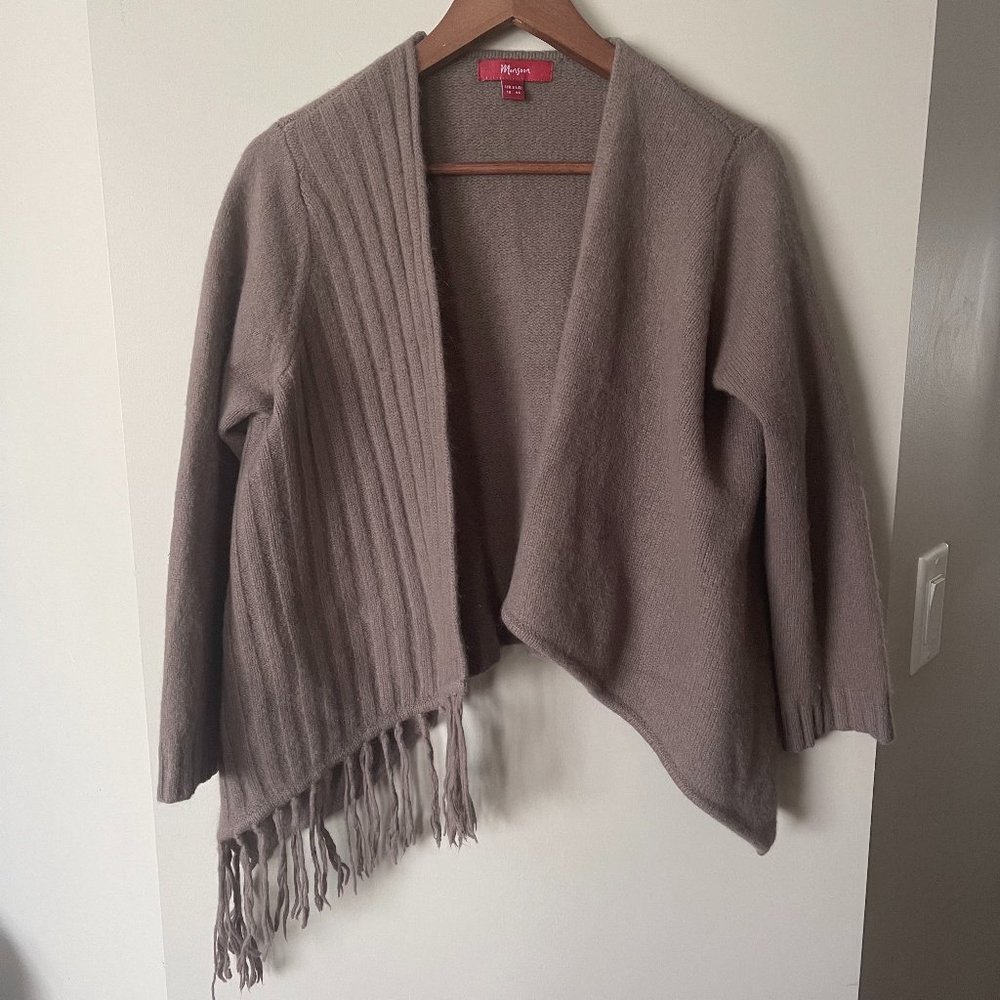 Monsoon Womens Brown Lambs Wool Angora Fringe Boxy Wrap Sweater Cardigan - Picture 1 of 3